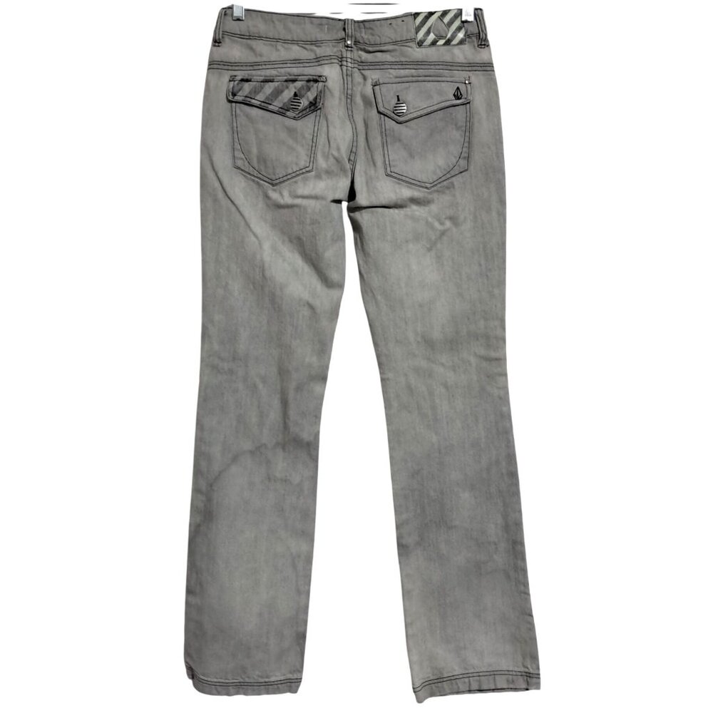 Volcom Jeans Womens 9 Grey Straight Leg Striped Flap Back Pockets Low Rise